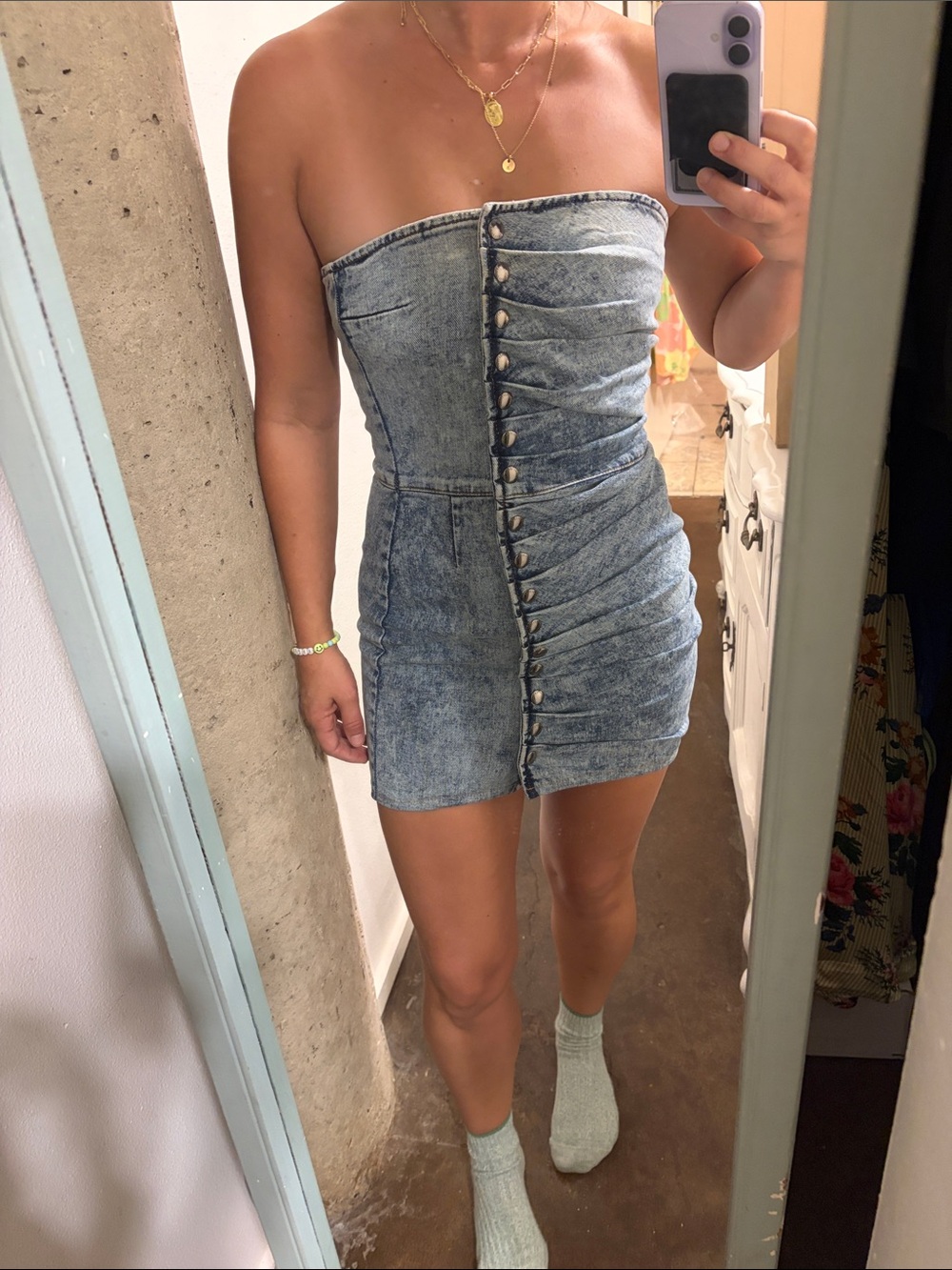 Retrofête Strapless Acid-Wash Denim Mini Dress - Blue